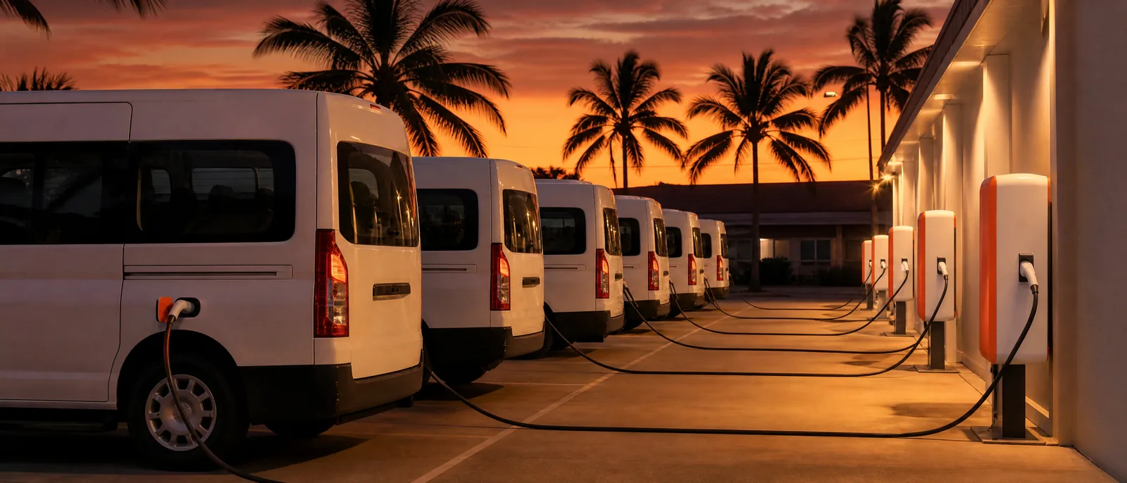 Electric fleet vehicles charging at a depot